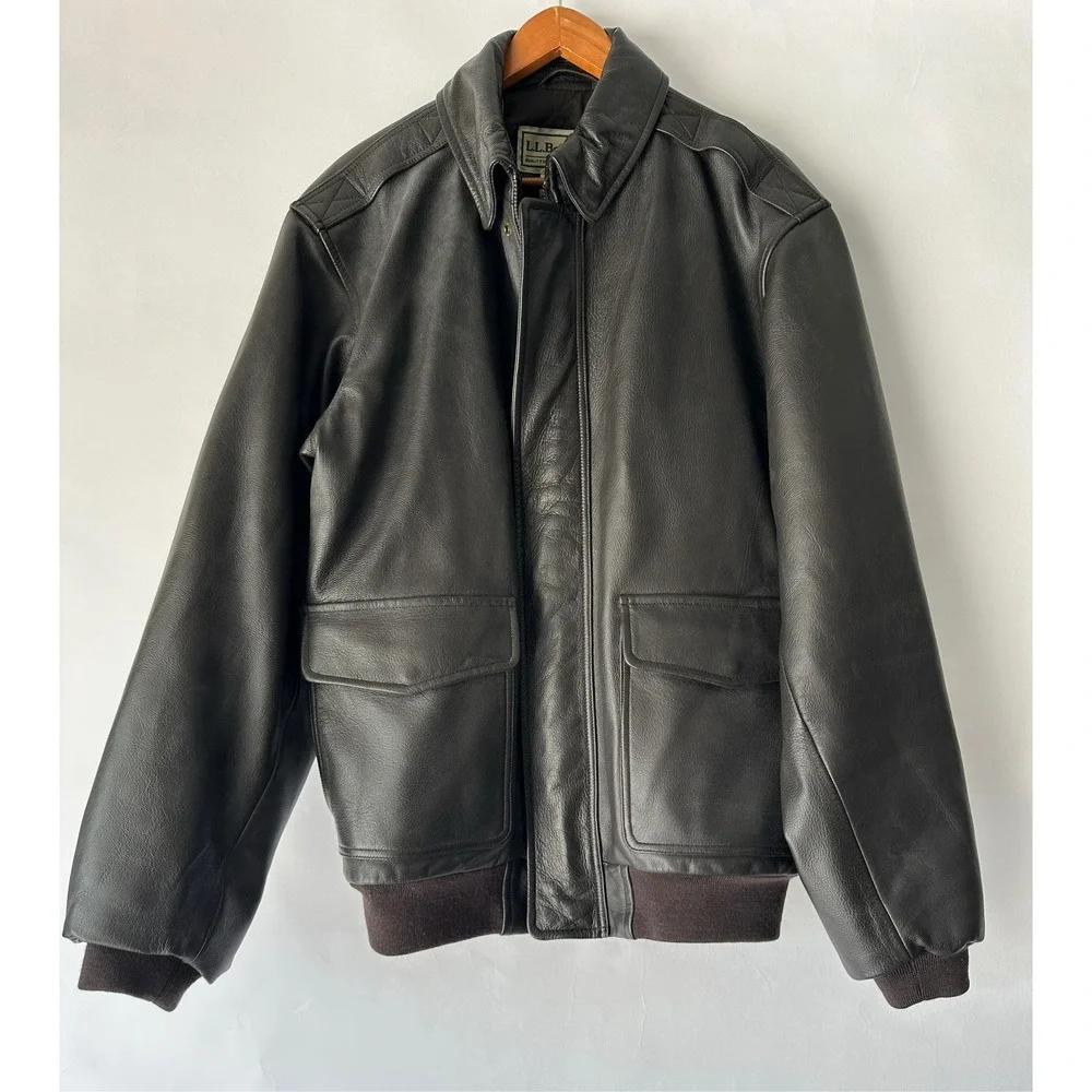 LL Bean Mens Brown Goatskin Leather A-2 Bomber Flight Jacket Size L Tall